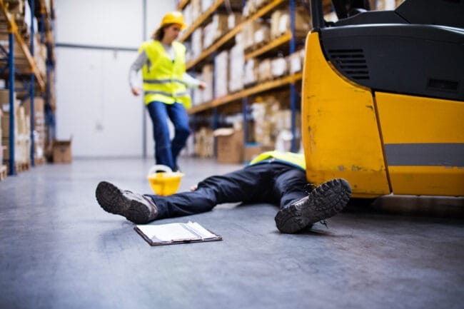 An injured worker after an accident in a warehouse. Intelli Count RFID